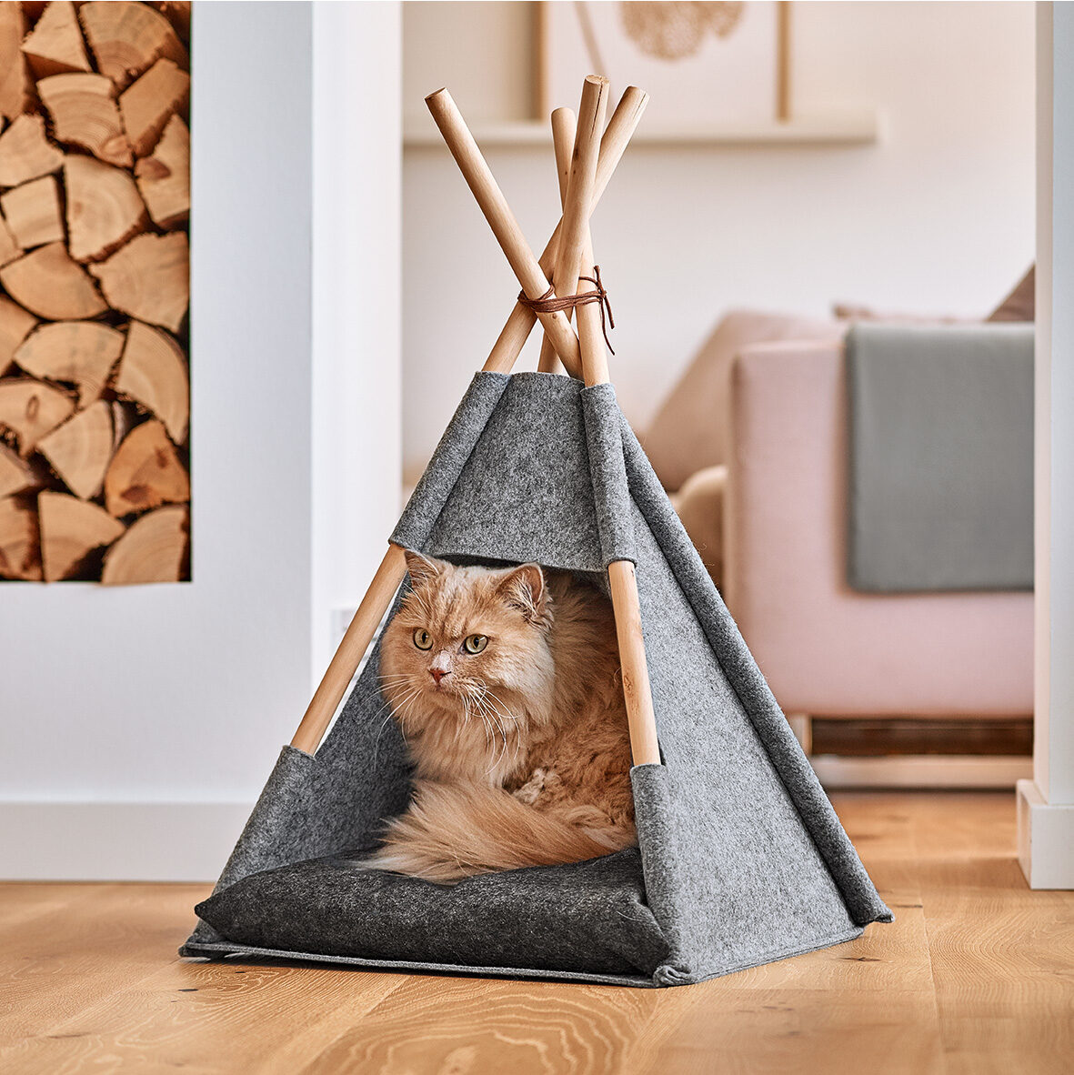 zeller-present-home-living-tipi-katzenzelt-filz-grau-holz image 3